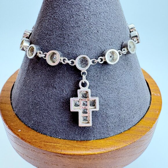 VTG Sterling Silver 925 Cubic Zirconia Cross Chain Bracelet Size 7" Length - Picture 2 of 13